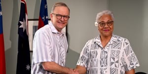 Prime Minister Anthony Albanese greets Samoa Prime Minister Fiamē Naomi Mataʻafa at the Pacific Islands Forum this week.