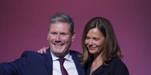 Leader of the British Labour Party Sir Keir Starmer,with his wife Victoria,on stage after making his keynote speech.