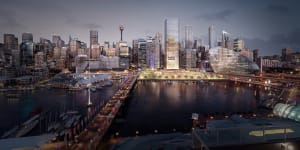 An artist's impression of the Cockle Bay redevelopment,which features a 183 metre office tower,retail precinct and park.