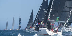 The yachts jostle for position before the start of the Sydney to Hobart.