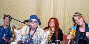 “I’m still like:what the heck just happened,” singer Wynonna Judd (third from the left) said of her “ugly-crying” at the Newport Folk Festival last weekend.