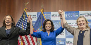 Harris,New York Governor Kathy Hochul and Clinton at a rally in Manhattan in 2022.