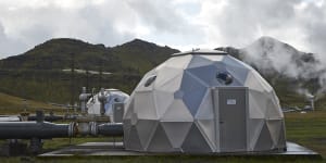 Pods,operated by Carbfix,containing technology for storing carbon dioxide underground,in Hellisheidi,Iceland. Startups Climeworks and Carbfix are working together to store carbon dioxide removed from the air deep underground.