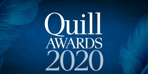 A logo of the 2020 Quill Awards.