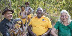 Yunupingu with Noel Pearson and Marcia Langton at Garma in 2018.