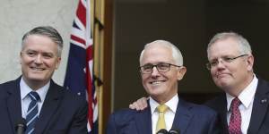 Malcolm Turnbull with Mathias Cormann and Scott Morrison in August 2018:“Cormann’s conduct disappointed me the most because,for a start,we had become good friends.”
