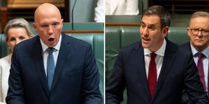 Peter Dutton (left) delivers his reply to the budget delivered by Jim Chalmers (right) on Tuesday.