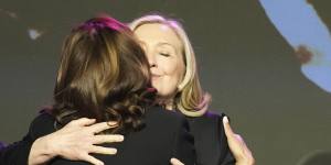 Hillary Clinton hugs Vice President Kamala Harris during a ceremony for the late congresswoman Sheila Jackson Lee in Houston this month.