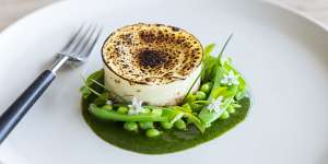 Savoury Basque cheesecake,charred greens and pea coulis. 