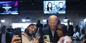 President Joe Biden,centre,with patrons at They Say restaurant during a campaign stop in Harper Woods,Michigan.