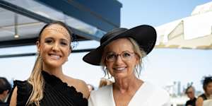 Liberal party Leader Sussan Ley (right) and her daughter Isabel Smith in the Crown marquee at The Birdcage on Victoria Derby Day at Flemington.
