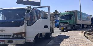 A humanitarian aid convoy for the Gaza Strip is parked in Arish,Egypt.