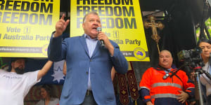 Craig Kelly speaks at the Sydney anti-vax freedom rally.