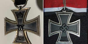 A World War One Iron Cross of the kind worn as a talisman by one of the witnesses,(left),compared to the one published on the Daily Mail website’s story on the subject (right).