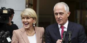 Then-deputy Liberal leader Julie Bishop and Prime Minister Malcolm Turnbull speak to the media after the first challenge.