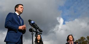 Matthew Guy at Box Hill City Oval in April with Nicole Werner (left),his candidate for the state seat of Box Hill,and Gladys Liu,who lost the overlapping federal seat of Chisholm at the May 21 election.