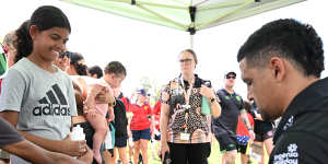 Meet and greet:Rabbitohs players Cody Walker,Tyrone Munro and Latrell Mitchell attended a youth camp in Moree on Wednesday,along with Premier Chris Minns. 