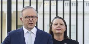 Prime Minister Anthony Albanese and Resources Minister Madeleine King in front of the White House on Tuesday (early morning Wednesday AEDT).