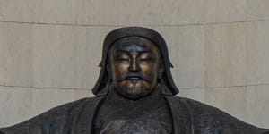 A bronze statue of Genghis Khan at the Government Palace,Mongolia.