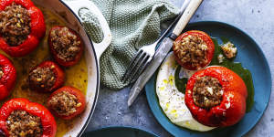 Karen Martini's baked tomatoes and capsicums with rice,dried mint and haloumi.