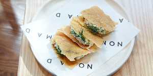 Kingfish rillettes with saltbush and brik pastry. 