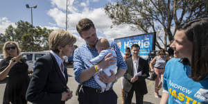 Andrew Hastie in September 2015 with new son Jonathon,wife Ruth and the then deputy prime minister,Julie Bishop,on the day of the byelection for Canning,which became his West Australian seat.