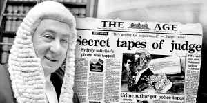 Lionel Murphy and the front page of The Age on February 2,1984