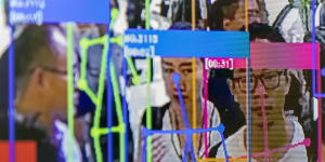 A screen demonstrates facial-recognition technology at the World Artificial Intelligence Conference in Shanghai,China,on Thursday,August 29,2019. 
