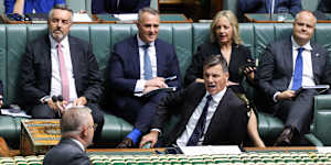 Opposition Leader Angus Taylor reacts as Prime Minister Anthony Albanese speaks during question time at Parliament House in Canberra.