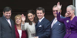 From left:Mary’s father John Donaldson,her stepmother Susan Moody,Mary,Crown Prince Frederik,Prince Consort Henrik and Queen Margrethe II at the couple’s engagement announcement at Amalienborg Palace in 2003.