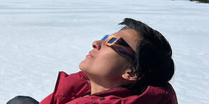 Farrah Tomazin preparing to view the solar eclipse in Greenville,Maine.