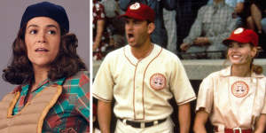 Abbi Jacobson and,right,Tom Hanks and Geena Davis in the original A League of Their Own.