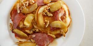Buttermilk pancakes with apple,bacon,walnuts and spiced maple.