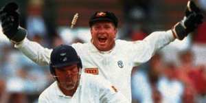 Oooh,that's a good one! England's Mike Gatting is bowled by Shane Warne in Manchester.