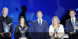 UEFA’s Men’s Player of the Year Erling Haaland,Women’s Player of the Year Aitana Bonmati,UEFA president Aleksander Ceferin and the Women’s Coach of the Year Sarina Wiegman.