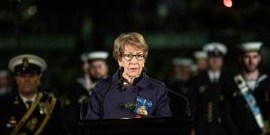 The Governor,Margaret Beazley,looks on at the ANZAC Day dawn service in Martin Place.