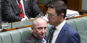 Opposition veterans’ affairs spokesman Barnaby Joyce and Nationals leader David Littleproud during question time at Parliament House in Canberra on Thursday.