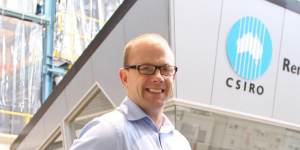 Dr Glenn Platt with the Evergen intelligent home energy management system at the company’s research headquarters at CSIRO Energy centre,Newcastle.