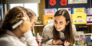 NSW Minister for Finance Courtney Houssos interacting with Year 1 students at Maroubra Junction Public School. She says statewide phonics testing with that age group has shown encouraging results.