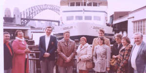 Val Dolly (fourth from the right) and other members of the Queenscliff SLC at Circular Quay after the first voyage of the Queenscliff in 1983.