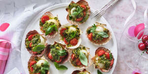 Scallops baked in the half-shell with a suitably festive topping.