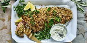 Baked salmon with a pine nut,herb and chilli crust,served with dill and caper sauce.