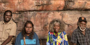 Traditional owners Simon Mudjandi,Rosie Mudjandi,May Nango and Mark Djanjomerr at the Kakadu rock shelter where Australian history has been re-written.