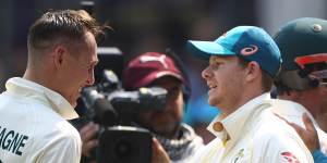 All smiles:Marnus Labuschagne is congratulated by Steve Smith.