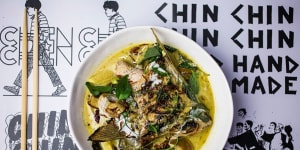 Go-to dish:Green curry with grilled fish wing,pea eggplant and baby corn.