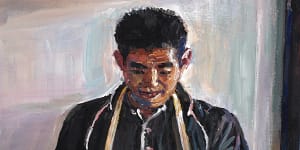Archibald Prize 2023 finalist,Daniel Kim ’Self-portrait,holding memories,my mentor Greg Warburton,acrylic on canvas. 