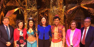 The announcement was held on the Aladdin stage. Left to right:Queensland Performing Arts Trust chairman Professor Peter Coaldrake,Arts Minister Leeanne Enoch,Aladdin's Princess Jasmine (Shubshri Kandiah),Premier Annastacia Palaszczuk,Aladdin (Ainsley Melham),Deputy Premier Jackie Trad,QPAC chief executive John Kotzas.