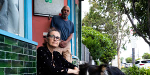 Marrickville filmmaker Mandy King and Fabio Cavadini (pictured with their neighbour’s dog,Ella) are voting for Inner West Council to demerge into its previous three councils.