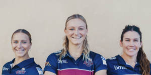 Aussie sevens womens team players who are committing to XVs rugby in 2025 to try and make the Rugby World Cup. Teagan Levi,Maddison Levi and Charlotte Caslick at Rugby Australia HQ in Moore Park,Thursday 12th of December 2024. Photo:Dion Georgopoulos/ The Sydney Morning Herald