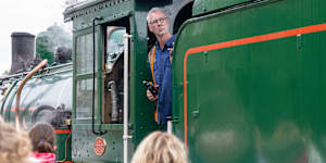 Driver Chris Halliday with a BB18 ¼ steam engine train used by Queensland Rail for special events.